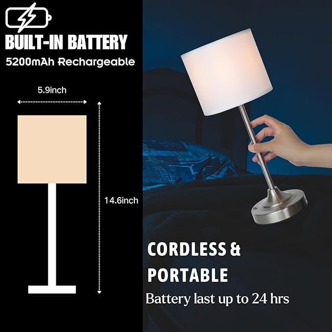 HAPYGI Portable Cordless Table Lamp,Built-in 5200mAH Rechargeable Battery, Dimmable Touch Wireless Light, Bed Side Metal Desk Lamp，Restaurant/Bedroom/Bar/Coffee/Night Light (Brushed Nickel)