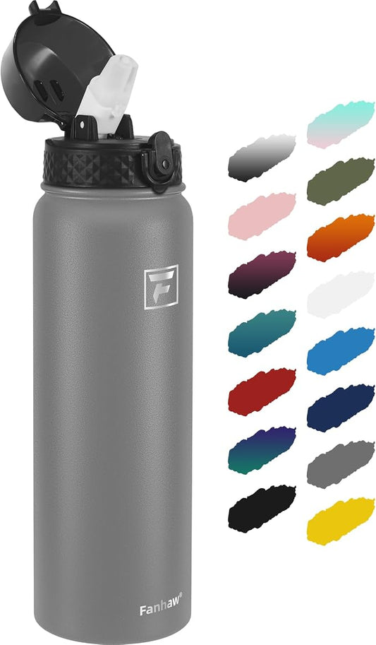 Fanhaw 40 Oz Insulated Stainless Steel Water Bottle with Straw Lid, Leakproof Extra-Large Sports Bottle for Men & Women (Gray)