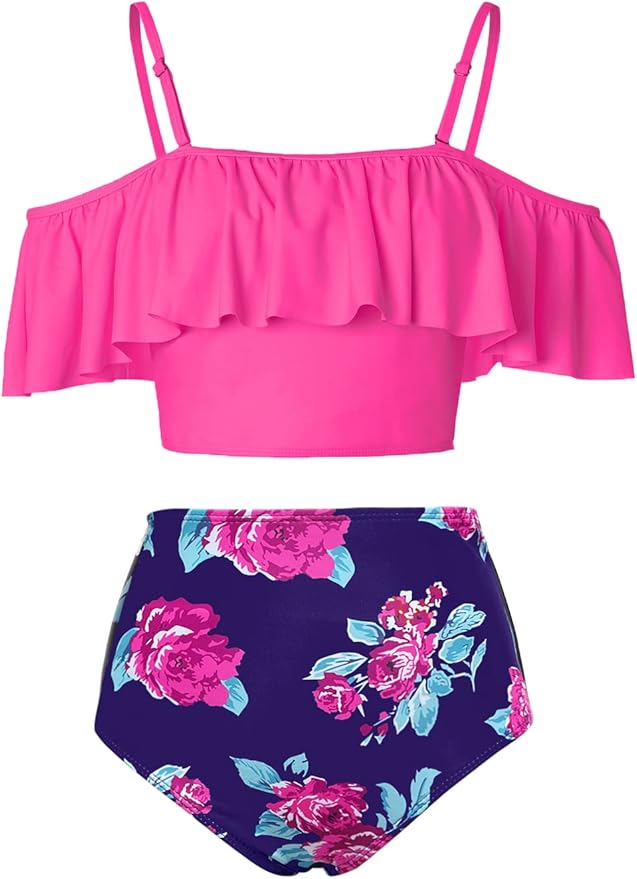 Kaei&Shi High Waisted Flounce Bikini Set,Tummy Control Swimsuits for Women,Off Shoulder