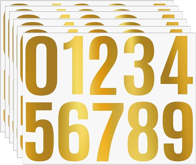 Vinyl Number Stickers 4 Inch, 6 Sheets Decorative Number Decals for Mailboxes, Wedding Decorations, Event Signs, Party Displays and Personalized DIY Projects (Gold)