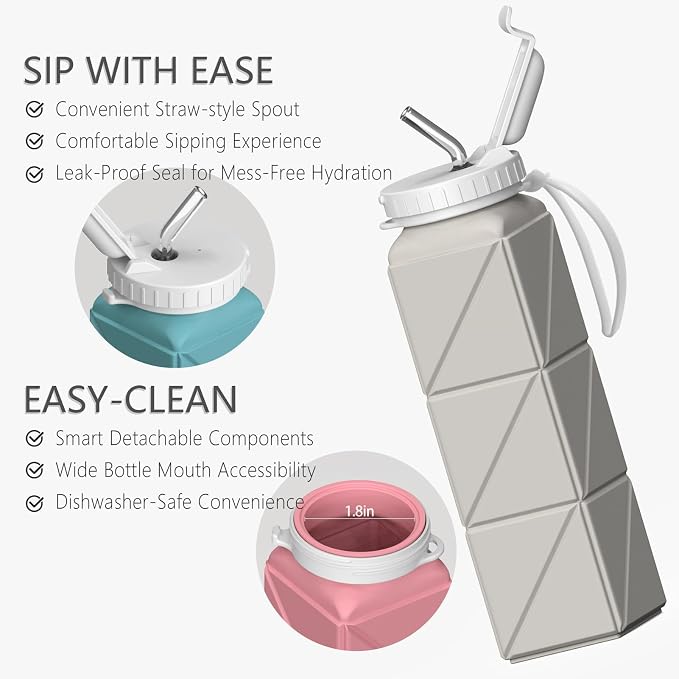 BEAUTAIL Collapsible Water Bottles with Straw 21 oz, Travel Water Bottle | BPA Free, Leakproof & Reusable, Silicone Foldable Water Bottle for Traveling, Hiking, School, Sport, 2-Pack, Black+Starlight