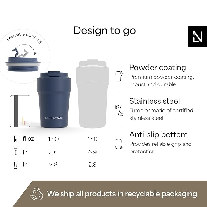 LARS NYSØM Thermo Coffee Mug to go 13oz | Travel Mug 0.38 Liter with Insulation | Silicone grip base | Leak Proof Stainless Steel Tumbler for Coffee and Tea on the Go (Powder Midnight Blue, 13oz)