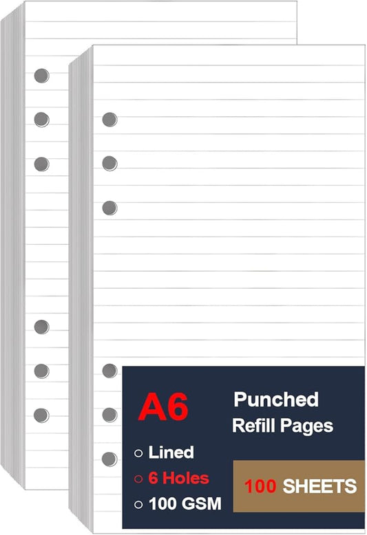 (2 Pack) A6 Lined Paper Refill 6 Ring, A6 Filler Paper for Filofax Personal Binder Planner, 100gsm Ruled Pages, 6 Hole Punched, 200 Sheets/400 Pages, 3.75 x 6.75 Inch