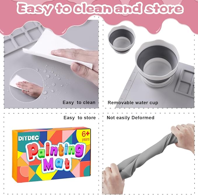 DIYDEC Silicone Craft Mat for Kids 20X16 Inch Large Silicone Art mat with Detachable Cup Painting Mat with 10 Painting Brushes Silicone Mat for Boy Girl DIY Gift Accessories (Grey)