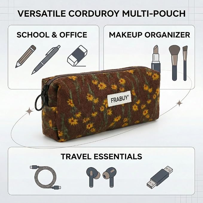 Soft Corduroy Pencil Case Pen Pouch Organizer, Small Stationery Bag | Cute brown chrysanthemum pencil pouch, smooth zipper, daily cosmetics holder, compact organizer for school teen girls, women