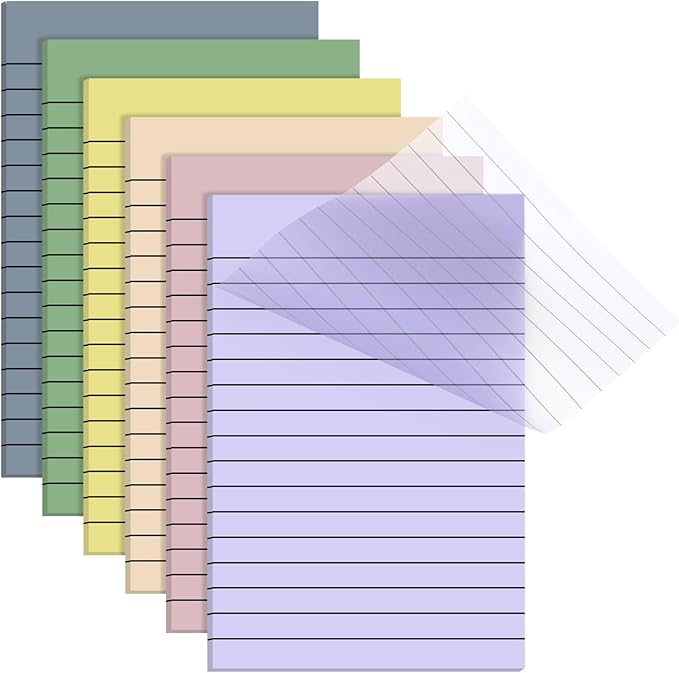 Yinder 6 Pack Pastel Transparent Sticky Notes Translucent Clear Lined Self Stick Note, Back to School Gifts for Bible Tabs, Book Tabs, School Supplies Office, 30 Sheets/Pack, 4 x 6'' (Light Color)