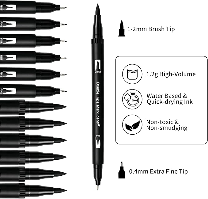 Surcotto Black Markers for Drawing,12 Pack Drawing Pens, Brush Pens with Felt Tips for Artists, Dual Tip Brush Fineliners Pens, Calligraphy Pens, for Art Drawing Sketching Journaling, Black