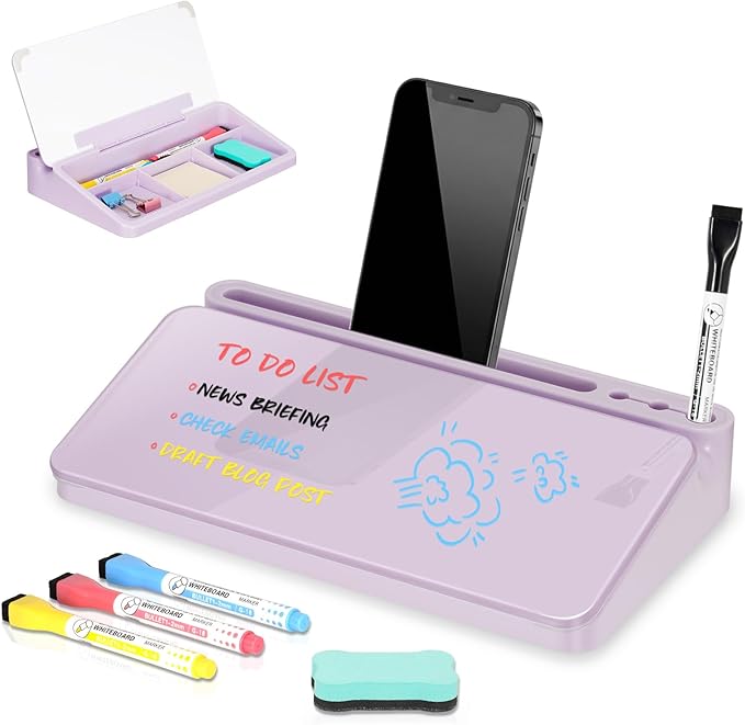 DOLLAR BOSS 12''x7'' Glass Desktop Whiteboard Small Dry Erase Board with Storage Drawer Computer Keyboard Stand Desk Organizer Office Accessories School Supplies with 4 Markers, Purple