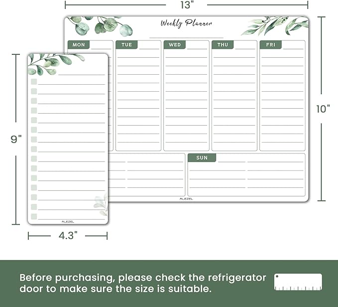 ALEZEL Magnetic Weekly Dry Erase Board for Fridge, Greenery Weekly Calendar Whiteboard Set for Refrigerator - Magnetic Weekly Calendar Planner with 2 List Boards, 4 Markers + Eraser
