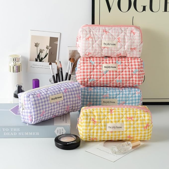 Carry bloom Pencil Pouch Cute Pencil Case for Girls Aesthetic Pencil Bag with Zipper Pen Cases School Supplies Makeup Bag (Checkered bow blue)