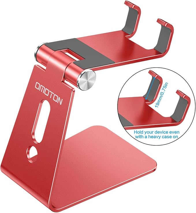 OMOTON Adjustable Cell Phone Stand, C2 Aluminum Desktop Phone Holder Dock Compatible with iPhone 15 14 13 Xs XR 8 Plus 7 6, Samsung Galaxy, Google Pixel, Android Phones, Red
