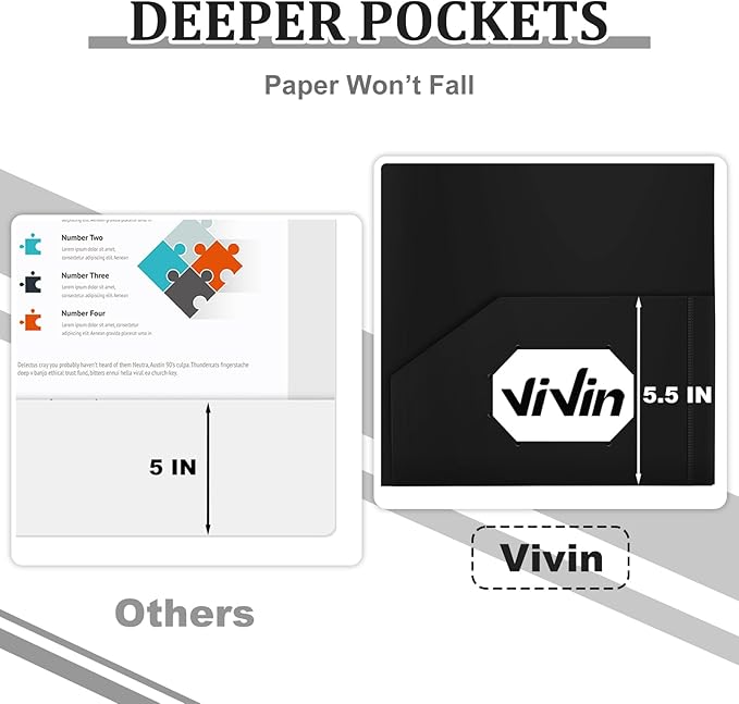 ViVin 60-Pack Black Plastic Folders with Pockets, 8.5 x 11 Inch Letter Size, Modern Style, 2 Pocket Folders for School, Home, Office