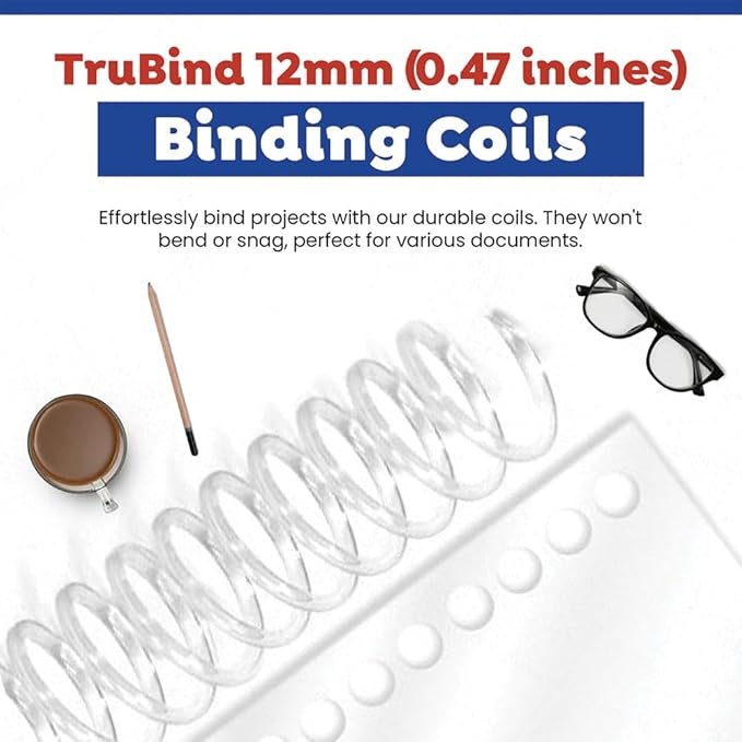 TruBind 12mm (15/32 in.) Spiral Binding Coils for Reports, Presentations and Proposals | 4:1 Pitch | 12 in. Length | Clear | 92 Sheets Binding Capacity | 100 Pack