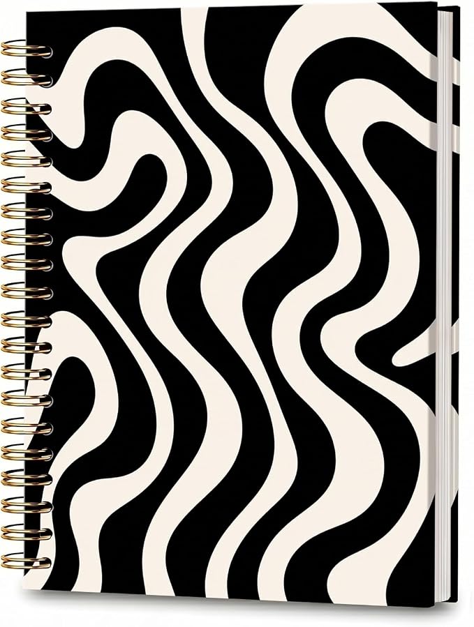 ATJFKIXL Cute Spiral Journal Notebook, A5 120 Page College Ruled Wirebound Notebook, Soft Cover for Students Office Notes and Planning - Black White Wave