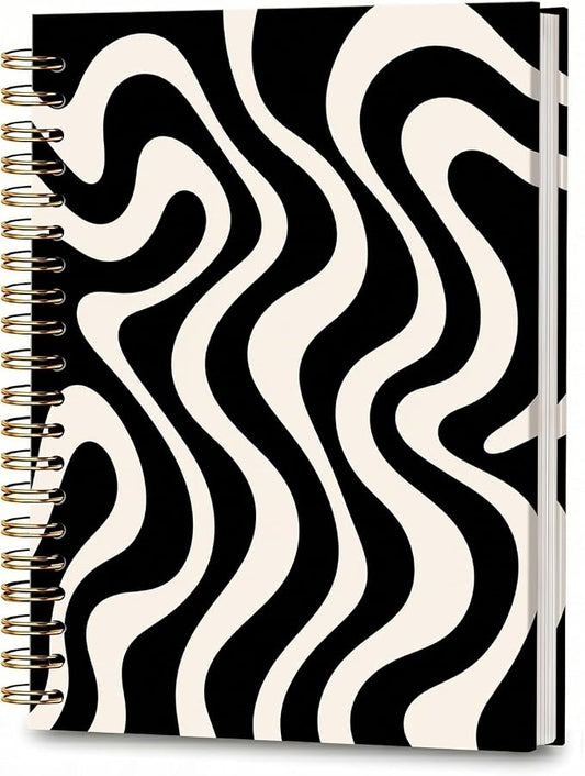 ATJFKIXL Cute Spiral Journal Notebook, A5 120 Page College Ruled Wirebound Notebook, Soft Cover for Students Office Notes and Planning - Black White Wave
