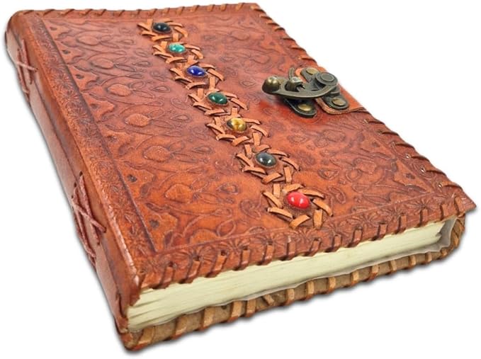 Vintage Leather Journal with Seven Chakra Stones – Handmade Embossed Diary Notebook, 200 Pages 125 GSM Leather Bound Writing Journal for Men & Women, 6x4 Inch