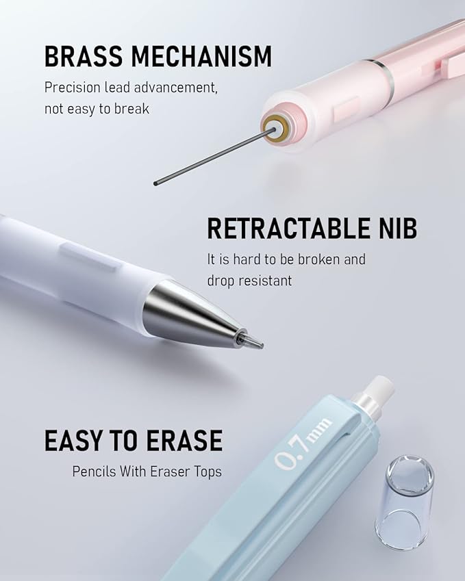 Nicpro 6PCS Pastel Mechanical Pencil Set with Case, 0.5 & 0.7 mm Cute Pencils with 12 tubes HB Lead Refills, 3 Erasers, Eraser Refills For School Supplies Student Writing, Drafting Drawing Sketching