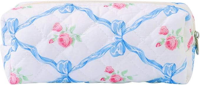 Carry bloom Pencil Pouch Cute Pencil Case for Girls Aesthetic Pencil Bag with Zipper Pen Cases School Supplies Makeup Bag (bow rose blue)