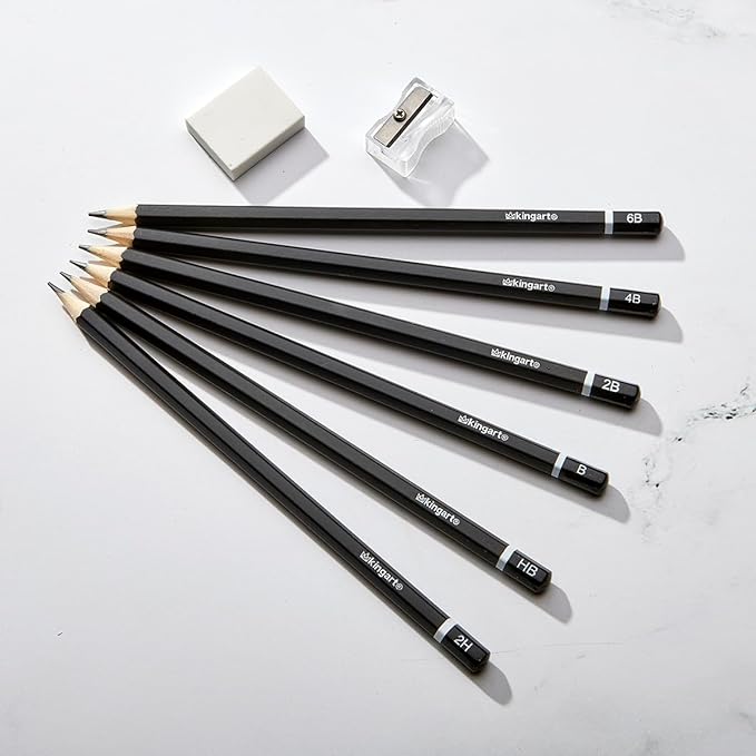 KINGART 9-Piece Essential Sketching & Drawing Pencil Set with Metal Storage Tin – Includes 6 Graphite Pencils (2H to 6B), Sharpener, and Eraser