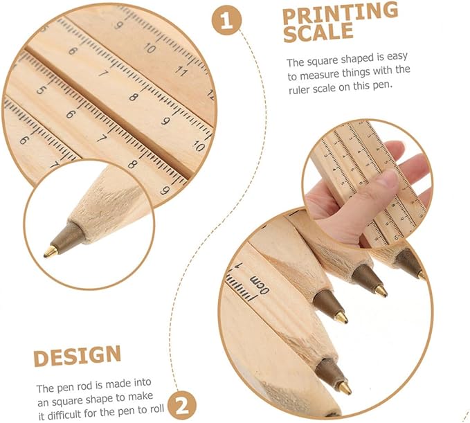 Luxshiny 6pcs Natural Biodegradable Wood Ballpoint Pens with Printed Ruler, Black Ink Carpenter Drafting Pens for Office, School, and Construction Use