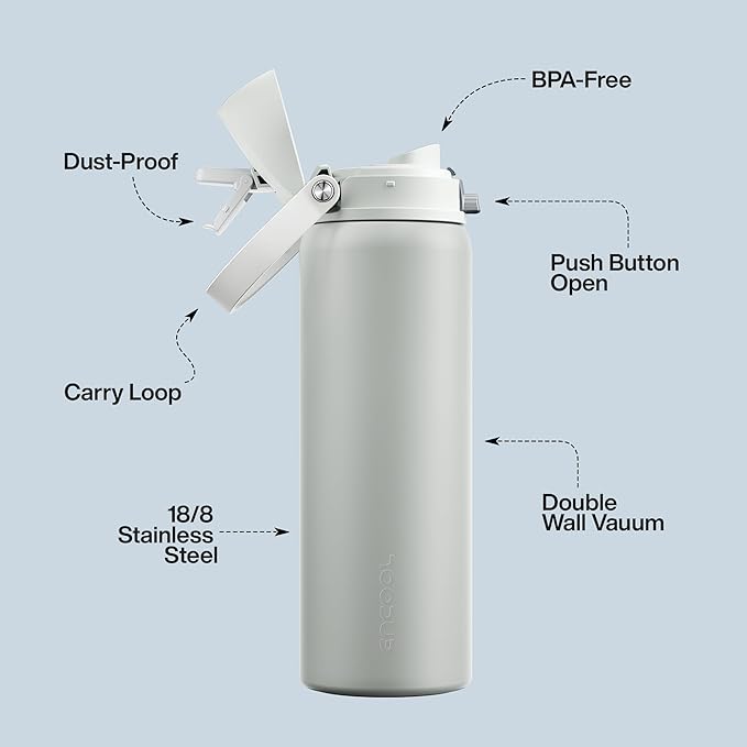 Insulated Water Bottle with Straw - Encool Stainless Steel Water Bottle with Push Button Lid, Leak-Proof & BPA-Free, Keeps Cold for 24 Hours for Sports, Travel, Gym (32 oz, Silver Grey)