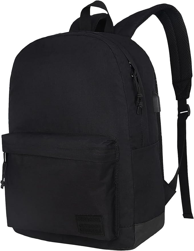 SUPACOOL Casual Laptop Backpack for Men and Women, Work backpack, Black Backpacks, College School Backpack for Boys and Girls, USB Charging Port, Lightweight Travel Back Pack(Black)