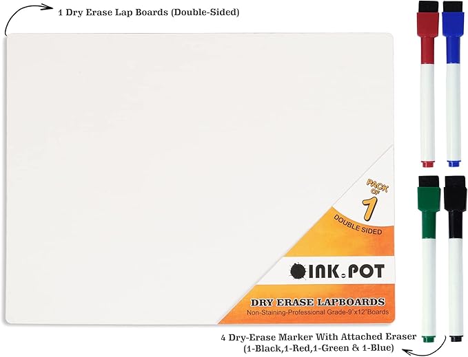 Double Sided Plain White Dry Erase Drawing Lapboard for Kids Students, 9 x 12 Inches W/ 4 Markers for Home/School (1 Piece/Set)