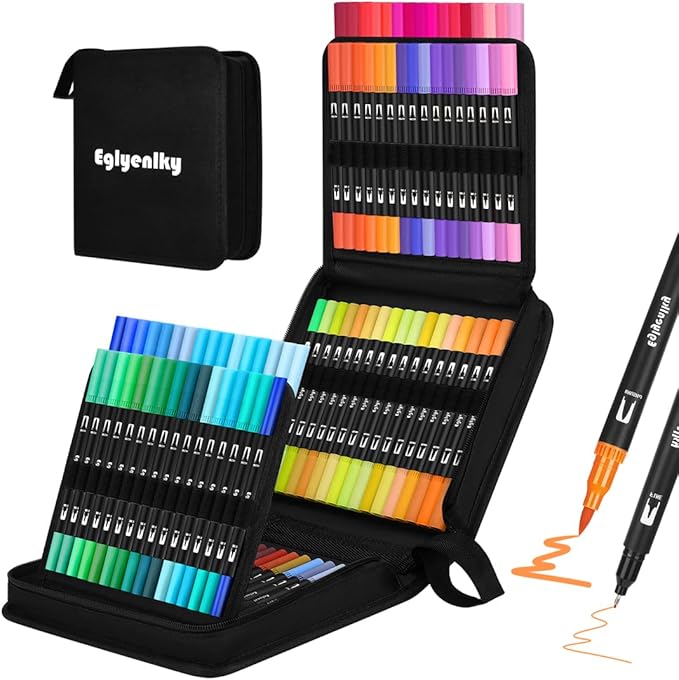 Eglyenlky Dual Brush Pens, Markers Adult Coloring Book,100 Colors Art Pens with Fine Point Markers and Brush Tip for Adult Kids Drawing (Black Set)