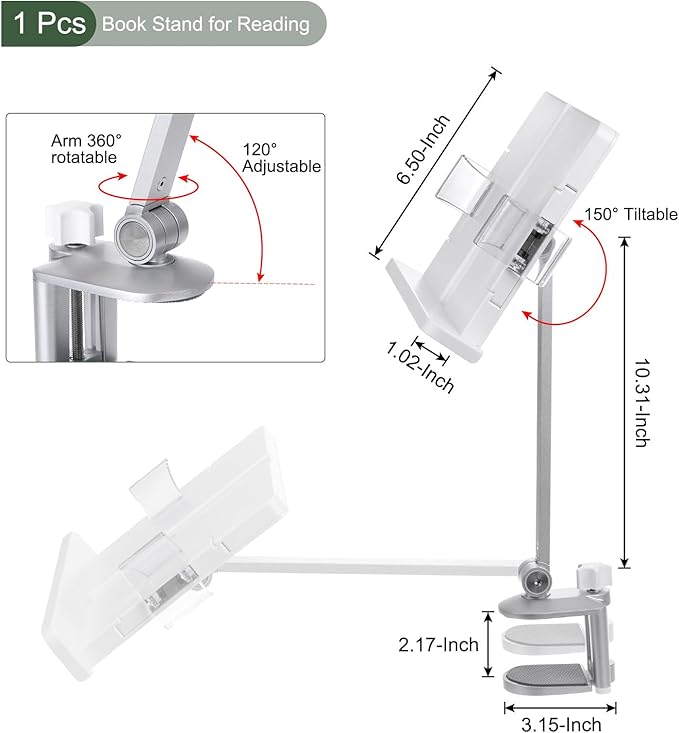YOKIVE Book Stand for Reading, Adjustable Holder with 360° Rotating Arm & Page Clips, Portable Sturdy Book Holder, Great for Textbook (Silver, 10.3-inch)
