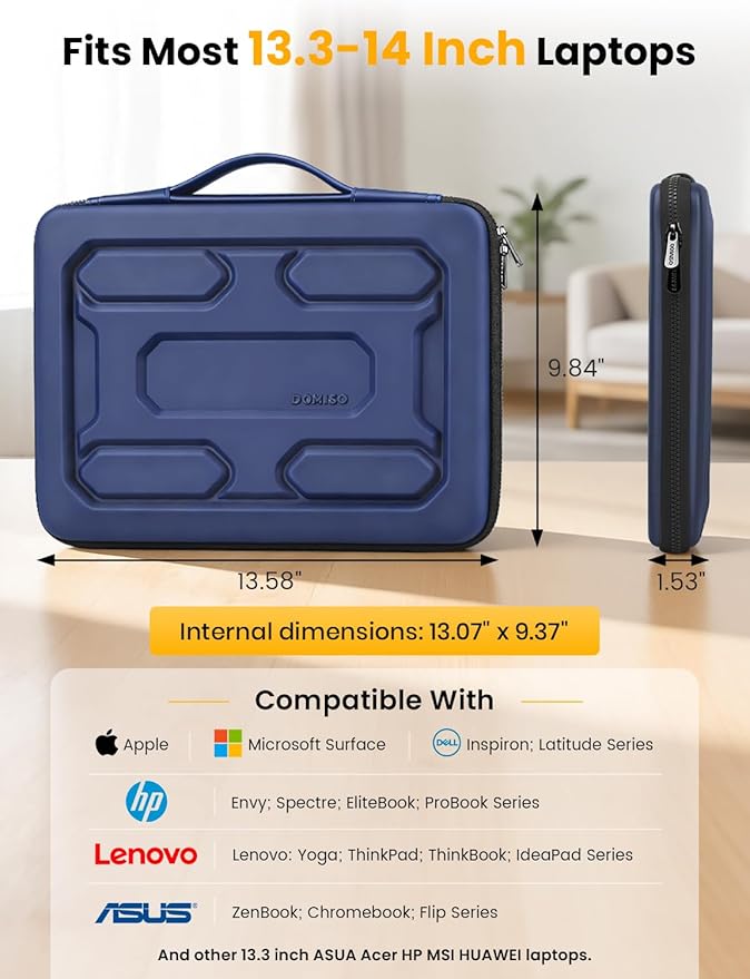 DOMISO Laptop Hard Case 14-14.4 inch Waterproof Shockproof Hard Shell Laptop Sleeve with Handle & Storage Pocket, Compatible with MacBook, HP, Dell,Dark Blue