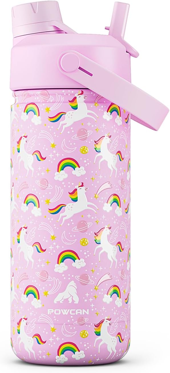18 oz Kids Water Bottle for Girls: BPA-Free, Leakproof, Easy Carry, Durable Straw Spout Lid, 24H Cold, Cute Patterns, Insulated Stainless Steel Cup for School, Travel, Camping, Daily (Rainbow Unicorn)