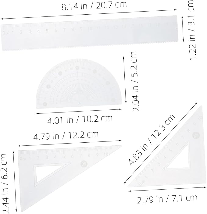 NUOBESTY 1 Set Clear Plastic Ruler Set Triangular Protractor Drafting Tools for Accurate Measurements Lightweight Math Kit for School Office and Creative Projects Set