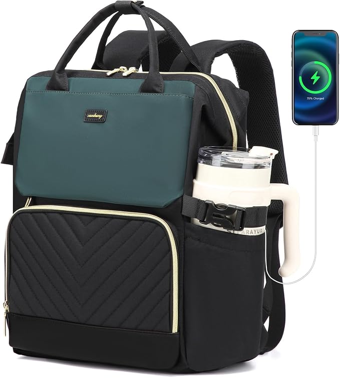 Computer Backpack for Women, Work Bag Laptop Bookbag with Cup Holder & USB Charger for Teacher Nurse College Travel Back Pack, Gifts, Black DarkGreen