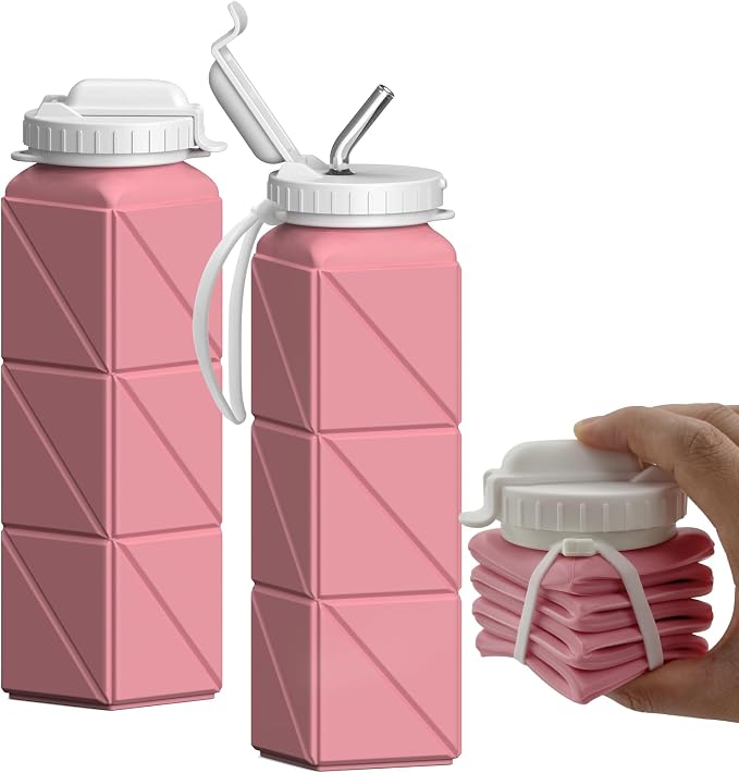 BEAUTAIL Collapsible Water Bottles with Straw 21 oz, Travel Water Bottle | BPA Free, Leakproof & Reusable, Silicone Foldable Water Bottle for Traveling, Hiking, School, Sports, Outdoor, 1-Pack, Pink