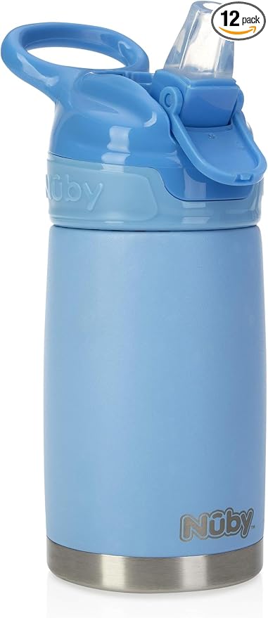 Nuby Thirsty Kids No Spill Flip-It Reflex Stainless Steel Travel Cup or Water Bottle - 10 Oz - 18+ Months - Blue - Back to School Essentials,(Pack of 12)