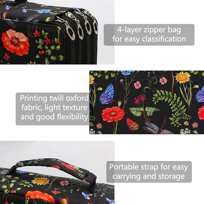 Vomgomfom 300 Slots Marker Bag, 4-Layer Zipper Portable Art Supply Organizer, PU Leather Large Capacity Marker Case Holds 100 Markers or 300 Colored Pencils with Handle(Black)