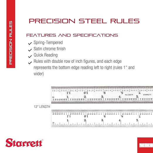 Starrett Spring Tempered Steel Rule with Satin Chrome Finish, Quick Reading and Inch Graduation - 12" Length, 7R Graduation Type, 3/64" Thickness - C607R-12