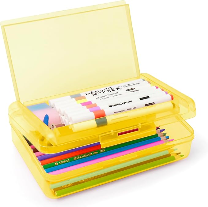 Double Layer Large Capacity Pencil Box,Plastic Translucent Pencil Box, Hard Pencil Cases with Snap-Tight Lid for Pens, Pencils, School Supplies,Office Supplies, Medium-sized,1 Pack