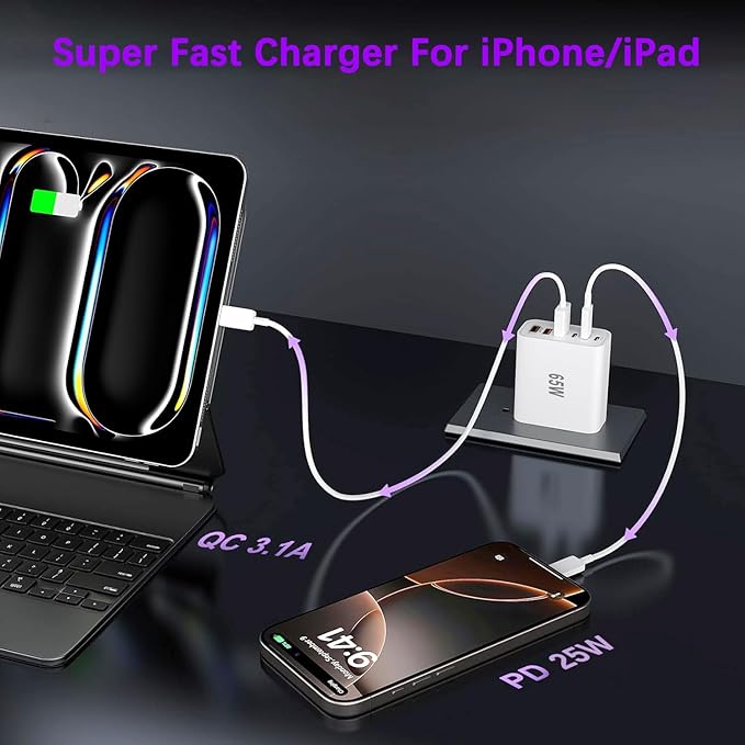 USB C Charger Block,65W iPhone Charger Fast Charging,6-Port USBC Charging Block,Multiport Type C PD+QC Power Plug Wall Charger for All iPhone 17 16 15 iPad Samsung S26 S25 iWatch Pixel Series