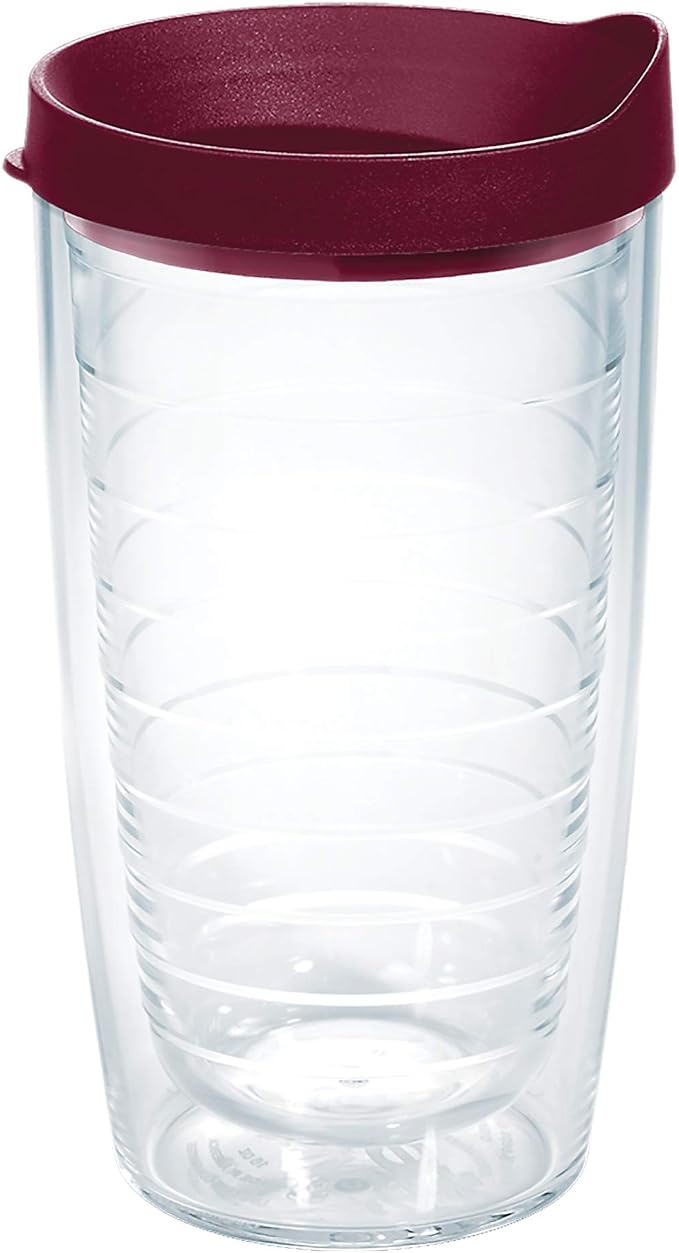 Tervis Clear & Colorful Lidded Made in USA Double Walled Insulated Tumbler Travel Cup Keeps Drinks Cold & Hot, 16oz, Maroon Lid