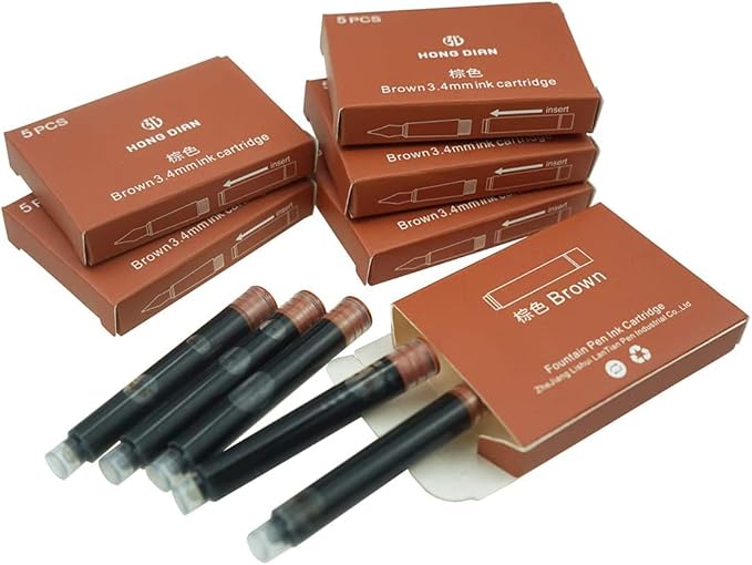 Asvine Hongdian Fountain Pen Ink Cartridges Brown Color, Set of 30 Refill Ink Cartridges, 3.4 mm Bore Diameter