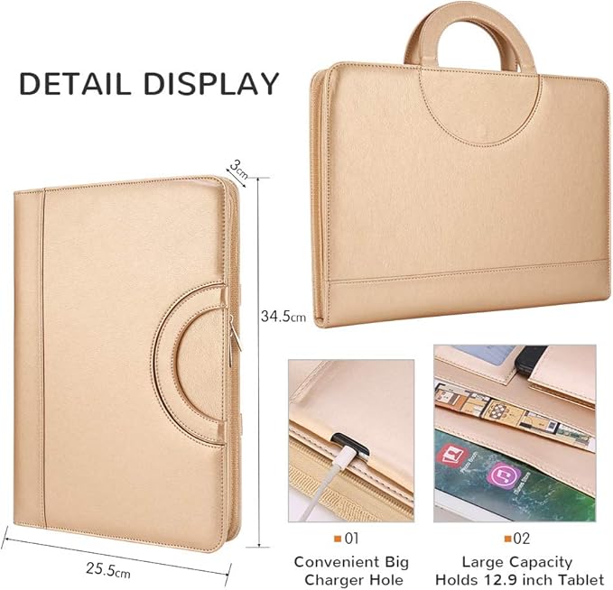 Darolin Vegan Leather Padfolio Portfolio with Handle & Clipboard, Zippered Business Portfolio Organizer for Meetings, Interviews & Travel, Fits A4 & Letter Size, Padfolio for Men Women (Gold)