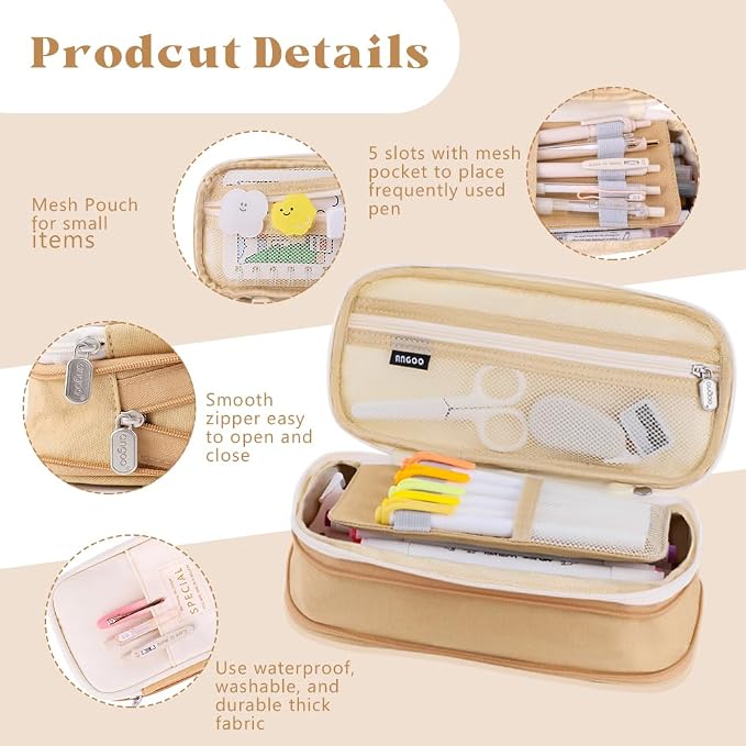 iSuperb Big Capacity Pencil Case Large Pencil Pouch Stationery Pen Bag for Teen Girls Boys, Back to School Supplies(Khaki+Beige)
