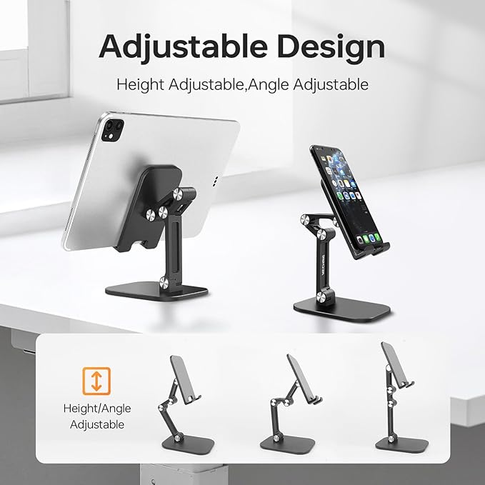 Foldable Phone Stand for Desk - Adjustable Height & Angle Cell Phone Holder, Portable Tablet Stand with Anti-Slip Base for Home, Office, and Travel, Compatible with iPhone & All 4-11" Devices (Black)