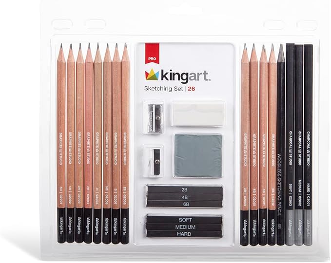 KINGART PRO Artist SKETCHING and DRAWING SET, 26 Pc. Pencils, Charcoal & Graphite Sticks, Erasers, Sharpeners, All Skill Levels, 26 pc.