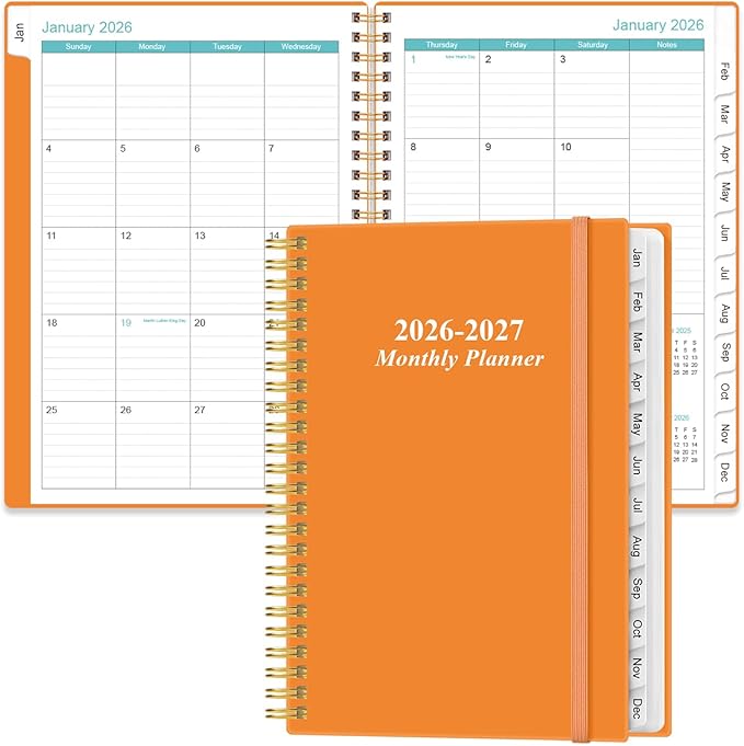 2026-2027 Monthly Planner - January 2026 - June 2027, Two Pages Per Month, 18 Monthly Calendar/Planner with Tabs, Inner Pocket, 6.4" x 8.5", Orange