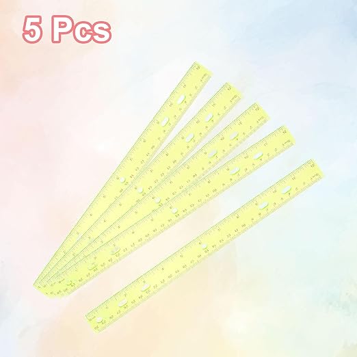 HARFINGTON 5pcs Plastic Rulers 12" (30cm) Clear Straight Ruler Measuring Tool Inches and Centimeters with Hole for Home Office Classrooms Drafting, Clear Yellow