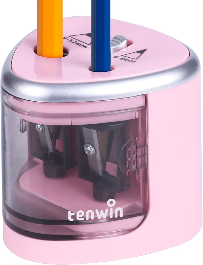 tenwin Electric Pencil Sharpener for Colored Pencils, Battery Operated Pencil Sharpeners for No.2 and 6-12mm Pencils, Dual Hole for Office School Artists Adults Kids Use（Pink）