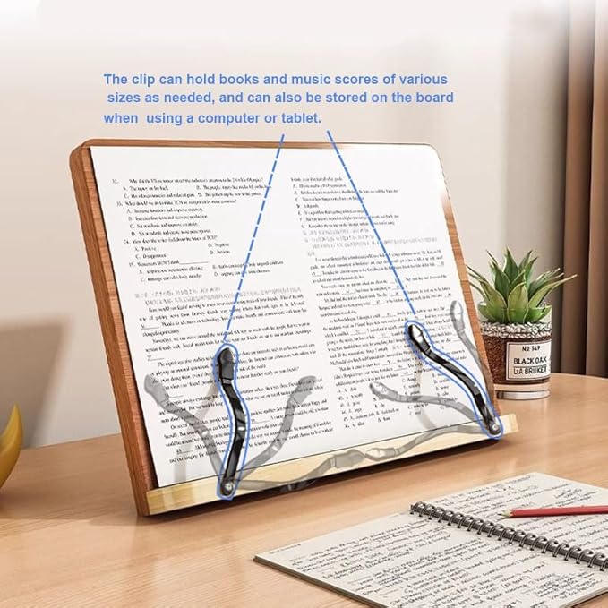 Adjustable Reading Book Stand, Foldable Wooden Book Holders Tray, Portable Reading Bookshelf for Students Reading Drawing Cookbooks Music Score Laptops, Oak Grain (with Clip & Reading Light)