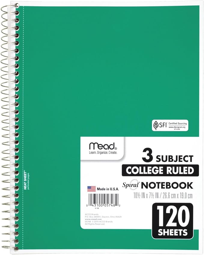 Mead Spiral Notebook, 3 Subject, College Ruled Paper, 120 Sheets, 10-1/2" x 8", Color Selected For You, 1 Count (05748)